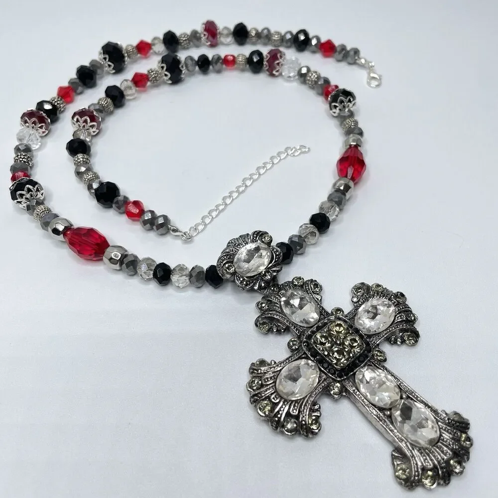 Artisan Gothic Cross Pendant Red Black White Glass Beaded Necklace Statement